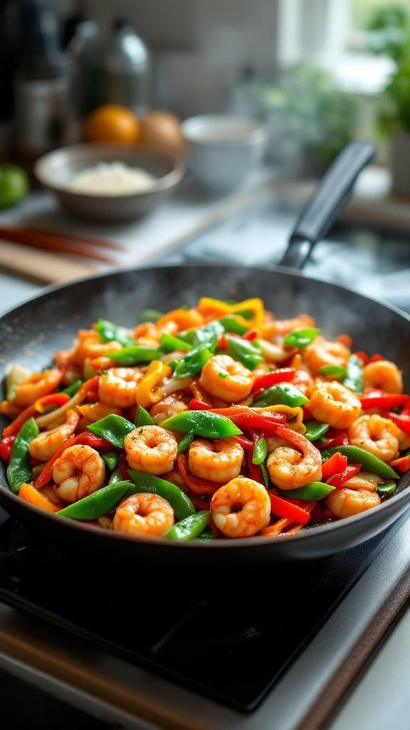 A colorful spicy shrimp stir-fry with bell peppers and snap peas in a skillet.