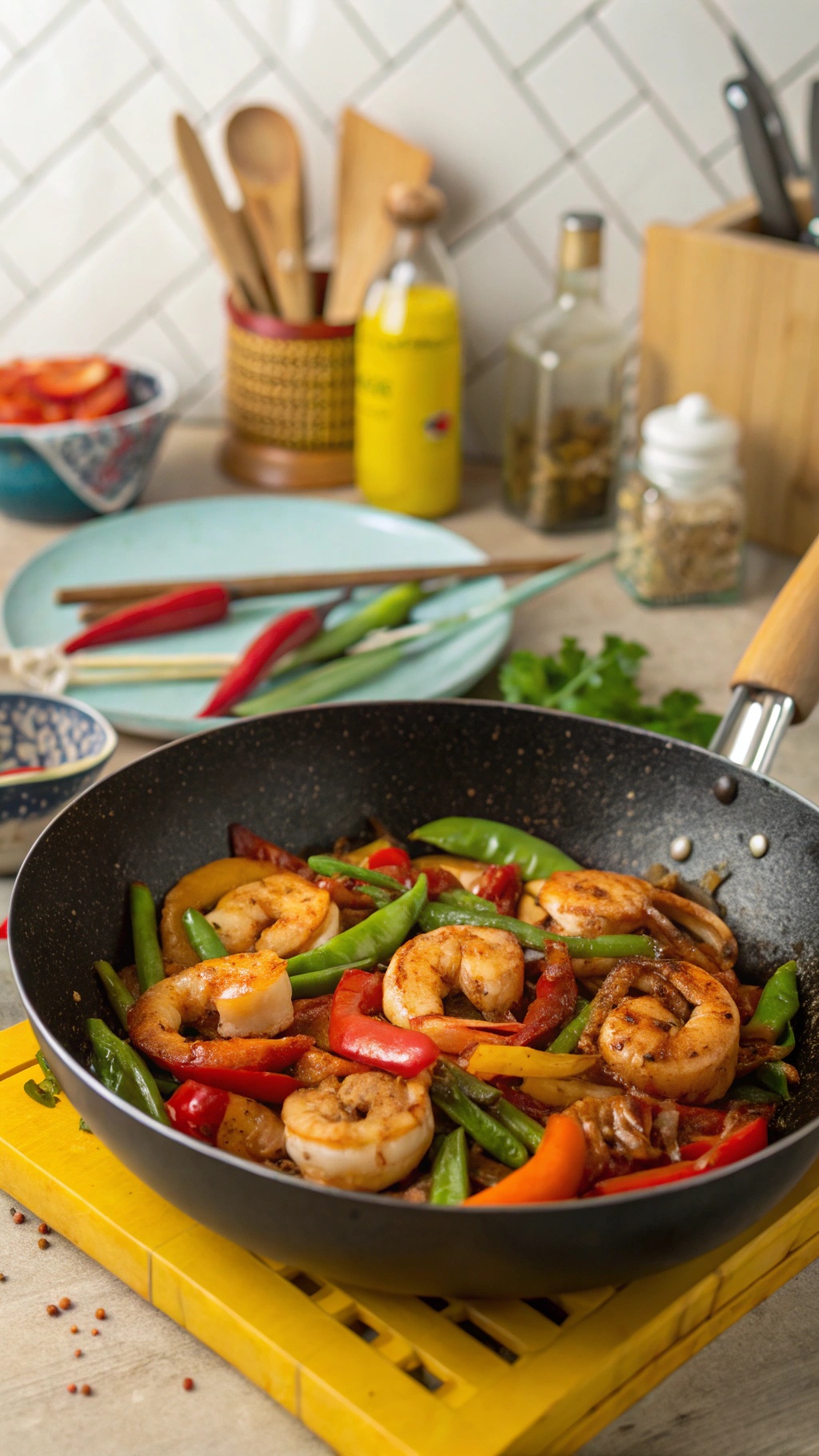 A colorful spicy shrimp stir-fry with vegetables in a skillet, showcasing vibrant bell peppers and snap peas.