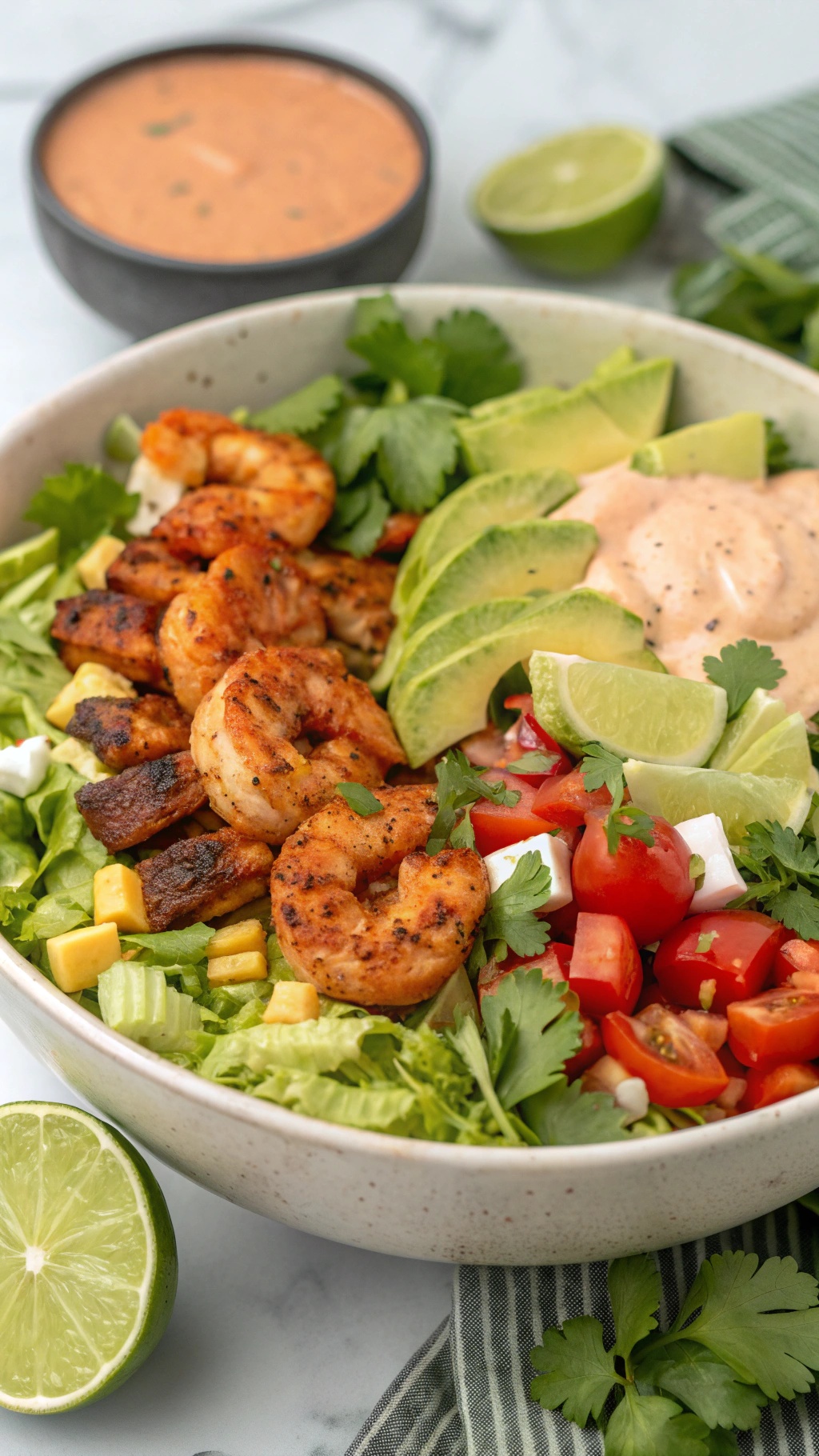 A colorful spicy shrimp taco salad with shrimp, lettuce, tomatoes, avocado, and a creamy dressing.