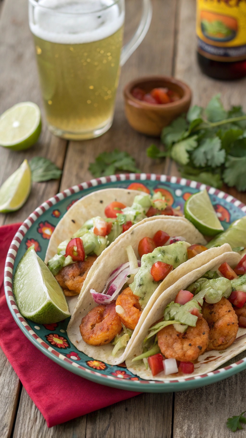 A plate of spicy shrimp tacos with avocado crema, garnished with lime and fresh vegetables.