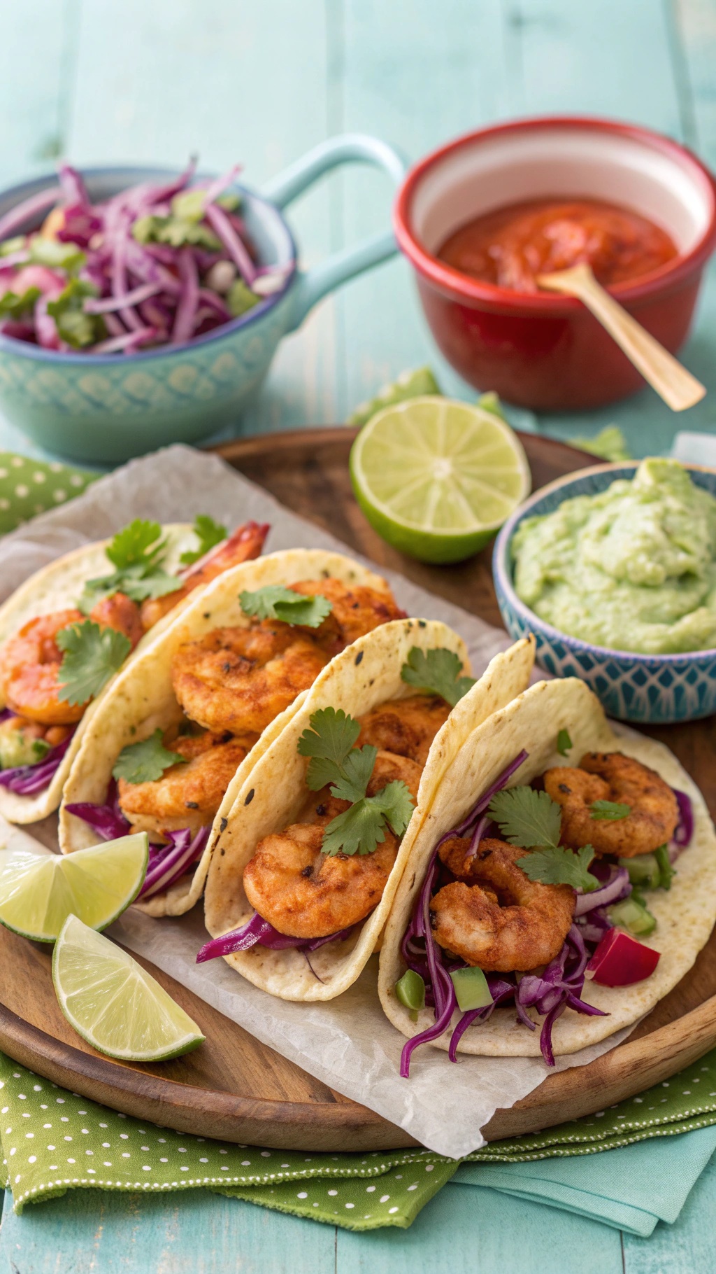 Spicy shrimp tacos with avocado crema, garnished with cilantro and lime, served on a wooden platter.