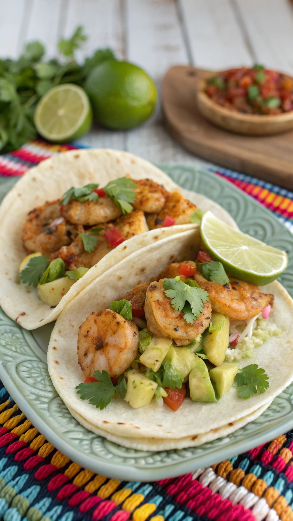 Spicy shrimp tacos with avocado salsa on a plate, garnished with lime and cilantro.