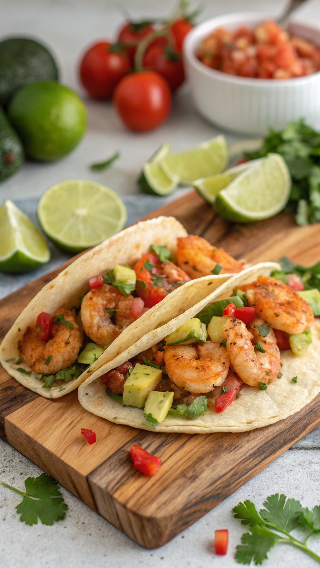 Spicy shrimp tacos with avocado salsa on a wooden board, garnished with lime and fresh ingredients.