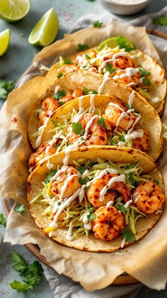 Spicy shrimp tacos with cabbage slaw, garnished with cilantro and lime.