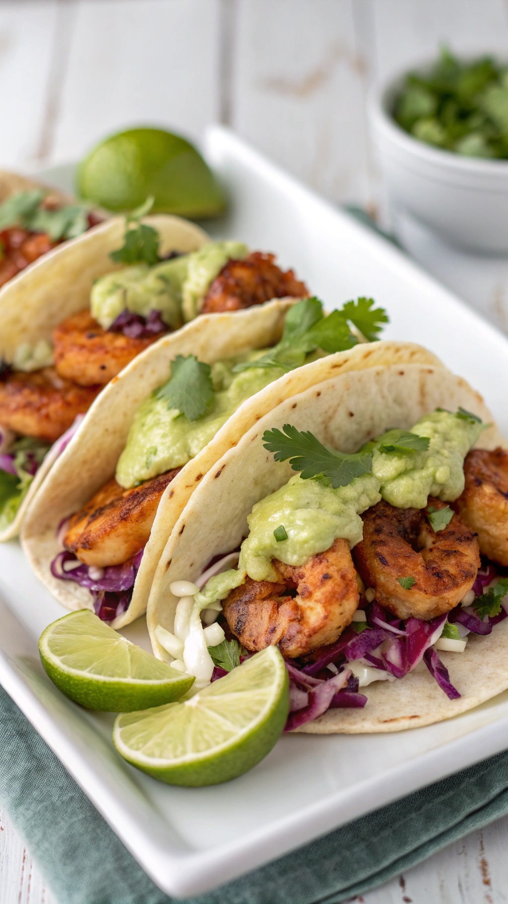 Spicy shrimp tacos with creamy avocado sauce, garnished with cilantro and served with lime wedges.