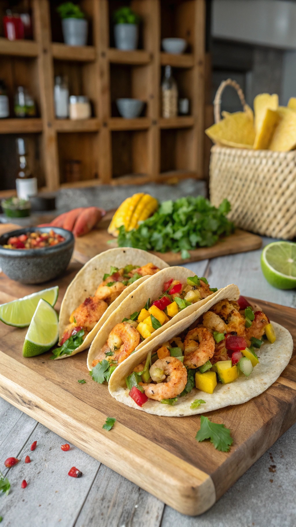 Spicy shrimp tacos with fresh mango salsa on a wooden board, garnished with lime wedges.