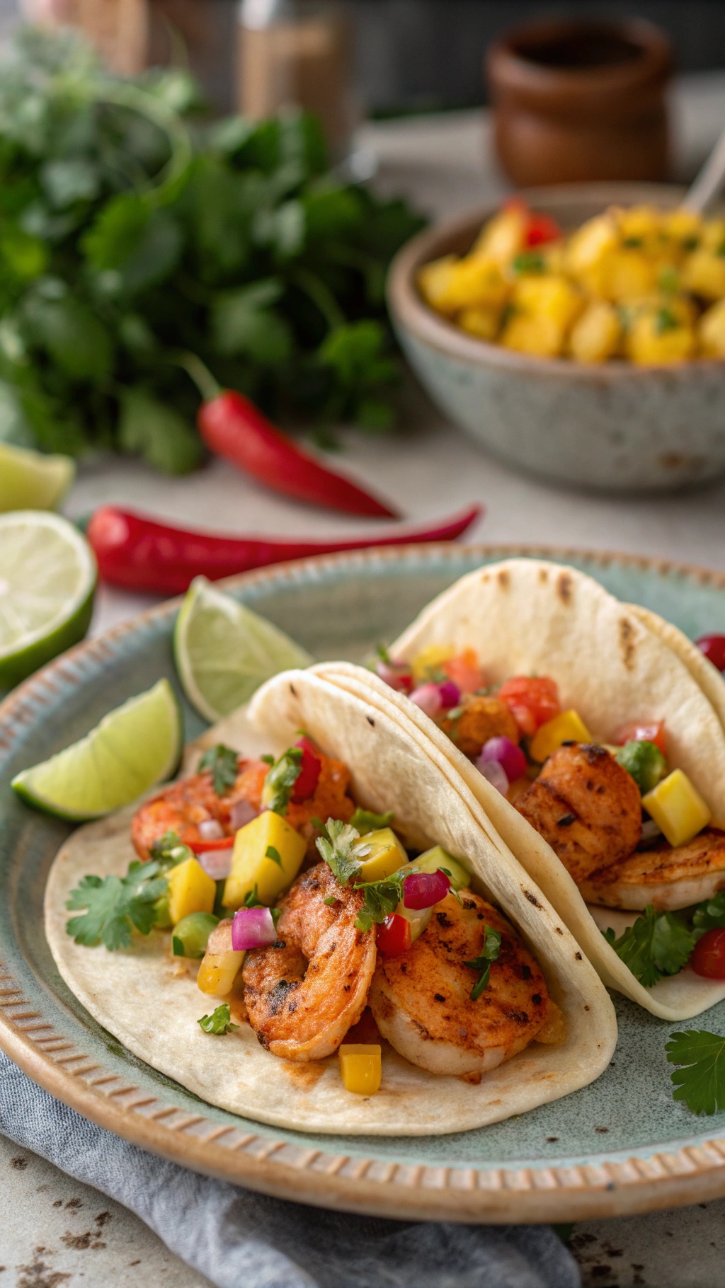 Spicy shrimp tacos with mango salsa, garnished with lime and cilantro