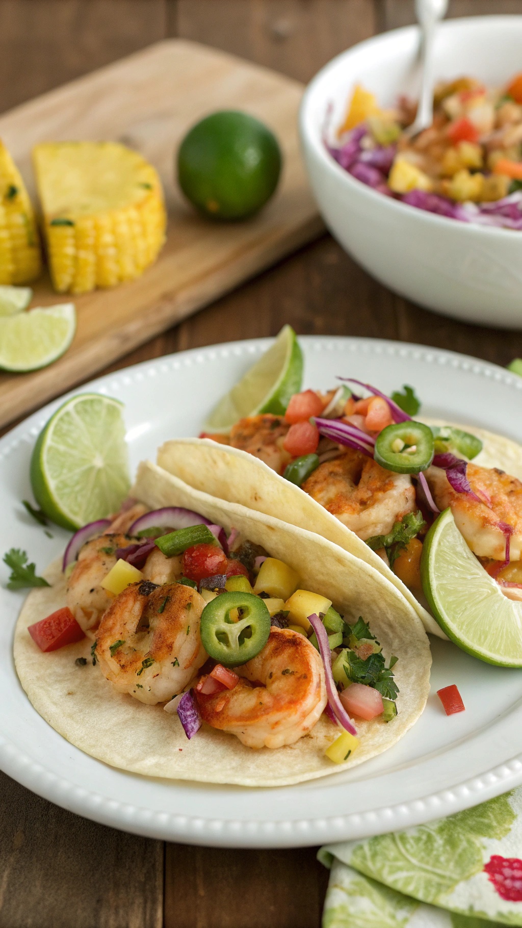 Spicy shrimp tacos with pineapple slaw, garnished with lime and jalapeños.