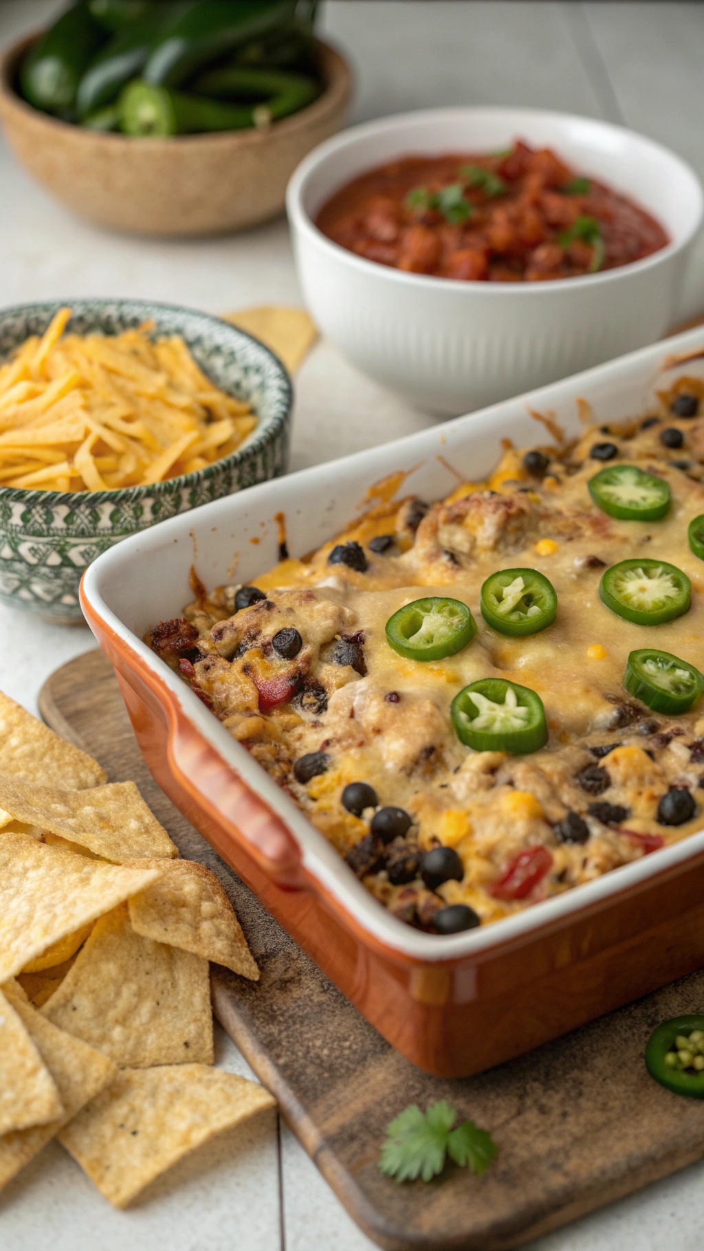 A spicy southwest chicken casserole topped with jalapeños, served with tortilla chips and salsa.
