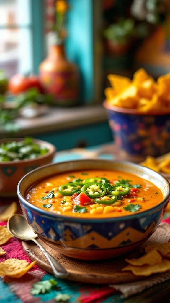 A vibrant bowl of Spicy Southwest Potato Soup topped with jalapeños and cilantro, surrounded by tortilla chips and fresh ingredients.
