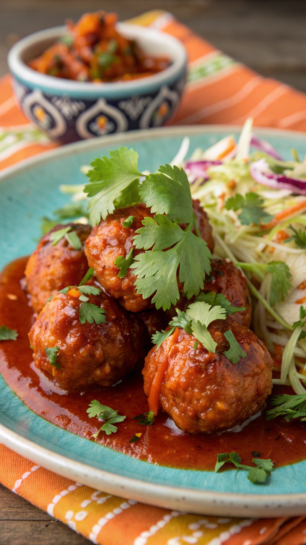 A plate of spicy Sriracha chicken meatballs garnished with cilantro, served with a side of slaw.