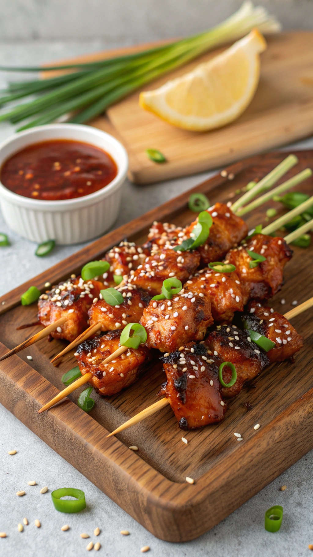 Delicious Spicy Sriracha Honey Chicken Skewers garnished with sesame seeds and green onions.