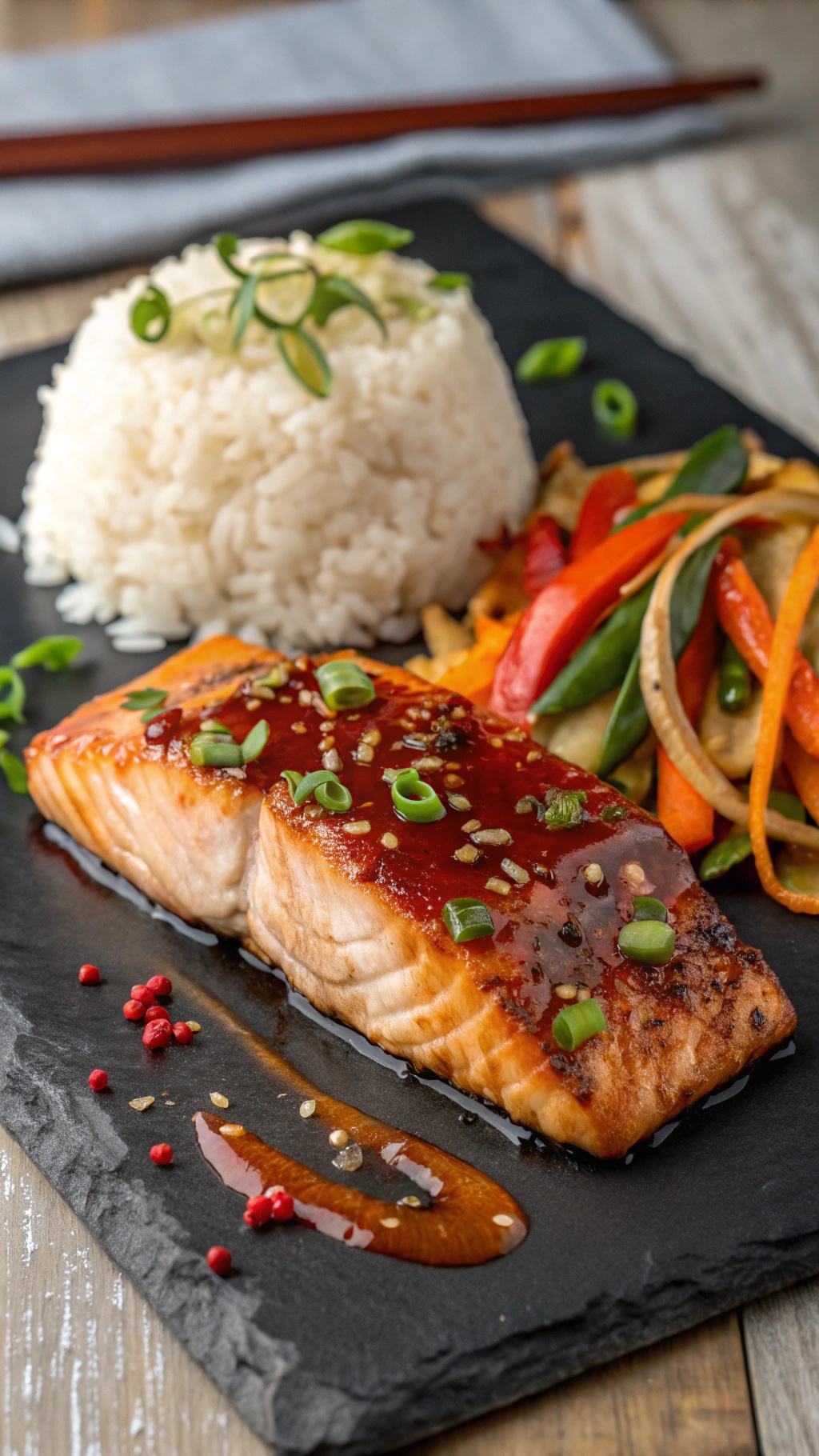 A delicious plate of spicy Sriracha maple salmon served with rice and colorful vegetables.