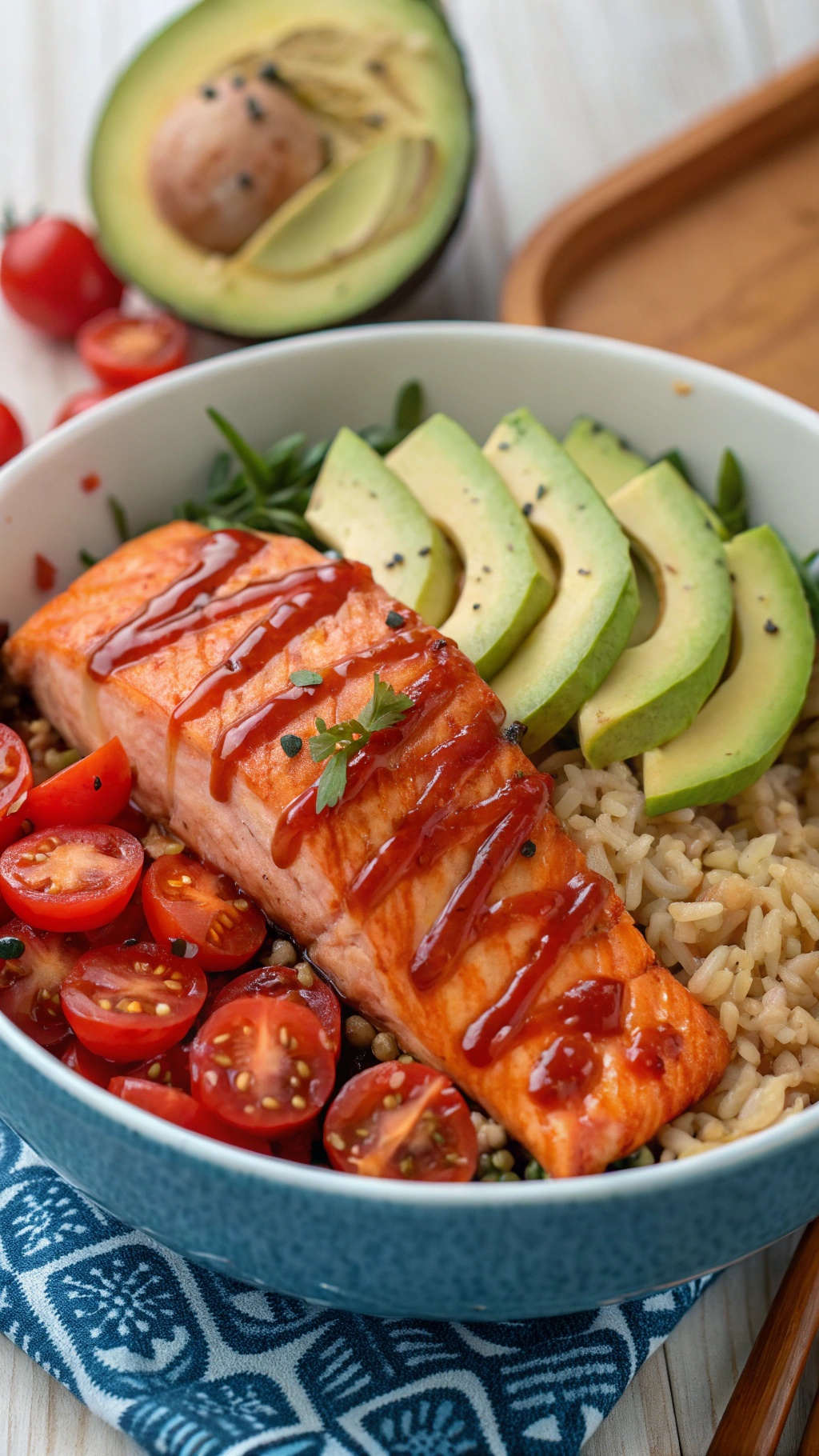 A colorful bowl featuring spicy Sriracha salmon, avocado slices, cherry tomatoes, and brown rice, garnished with cilantro.