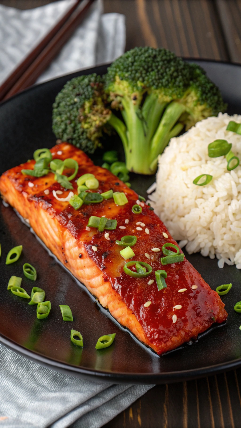 A plate of spicy Sriracha salmon with broccoli and rice, garnished with green onions and sesame seeds.
