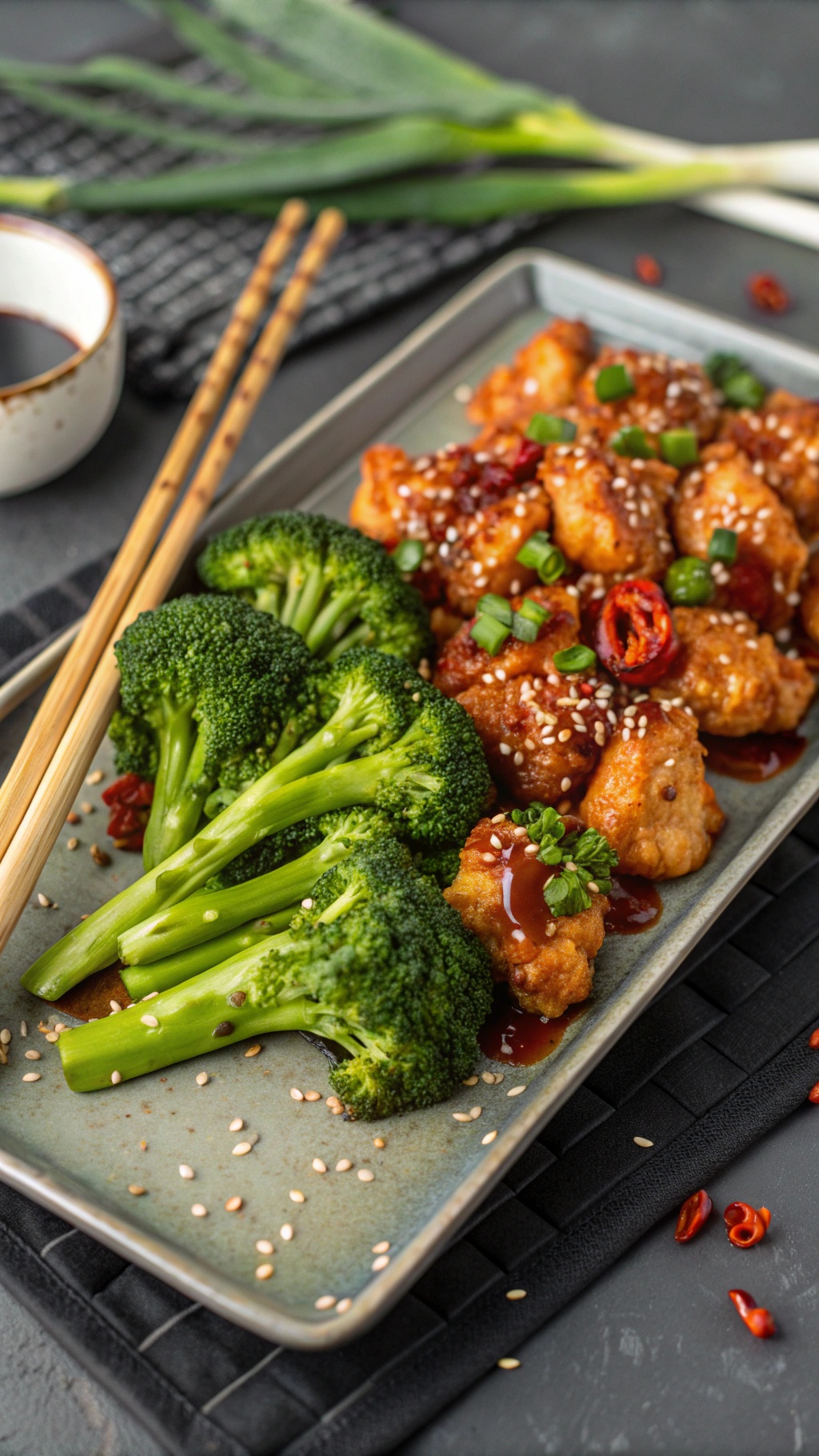 Plate of spicy sweet chili chicken with broccoli, garnished with sesame seeds and green onions.