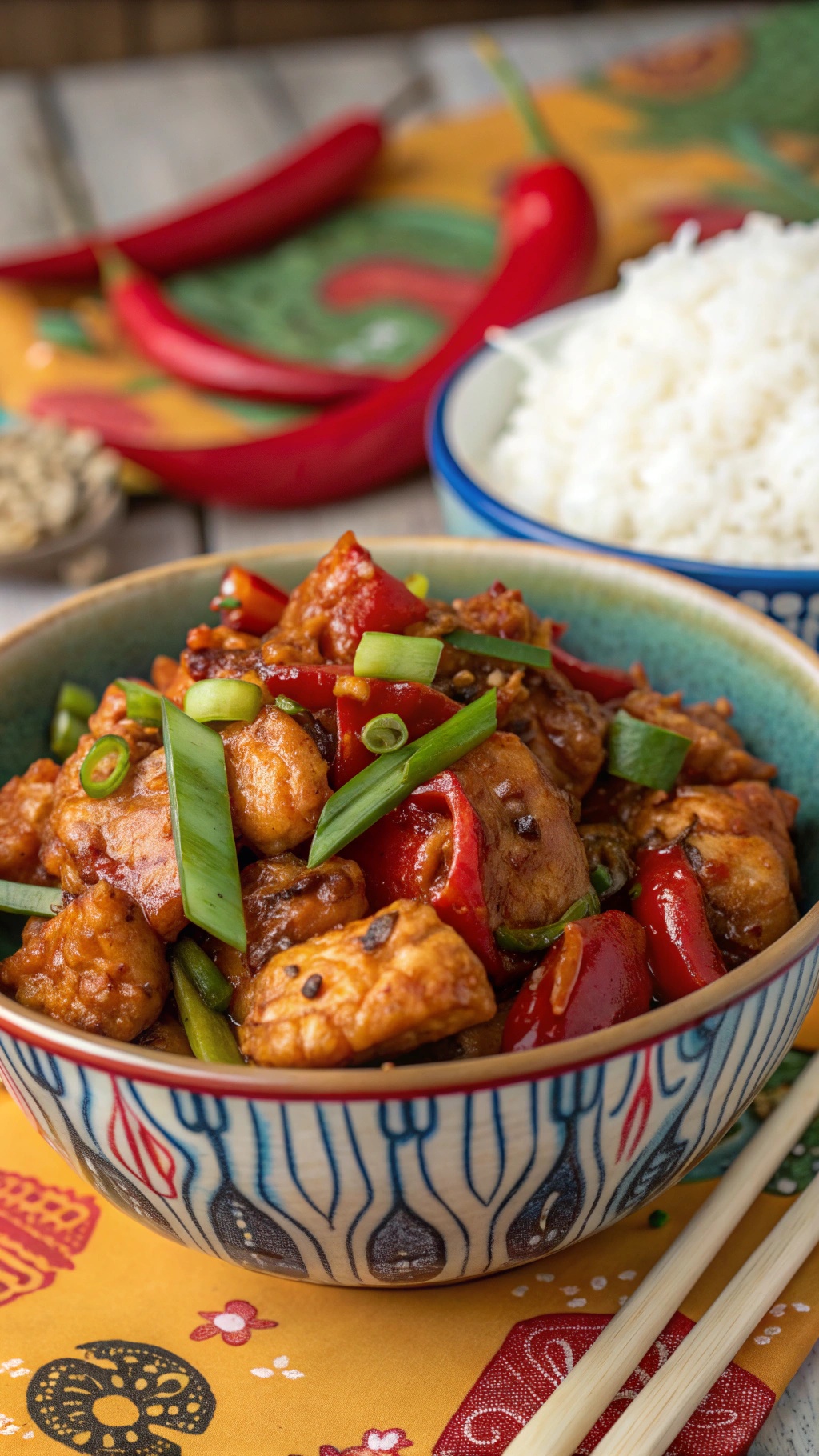 A bowl of Spicy Szechuan Chicken with red bell peppers and green onions, served with white rice.