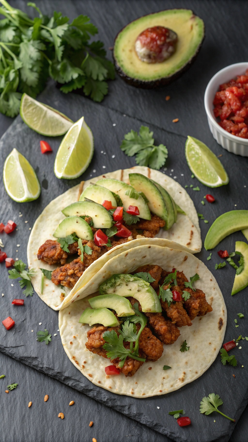 Spicy tempeh and avocado tacos with fresh toppings on a slate background