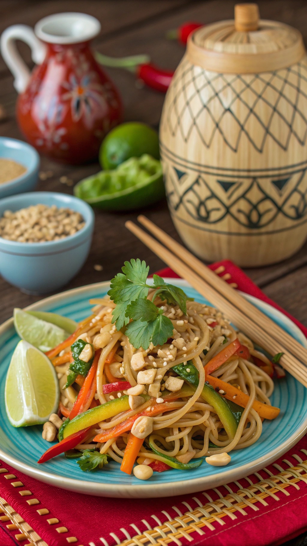 A plate of Spicy Thai Peanut Noodles with colorful vegetables, garnished with cilantro and lime.