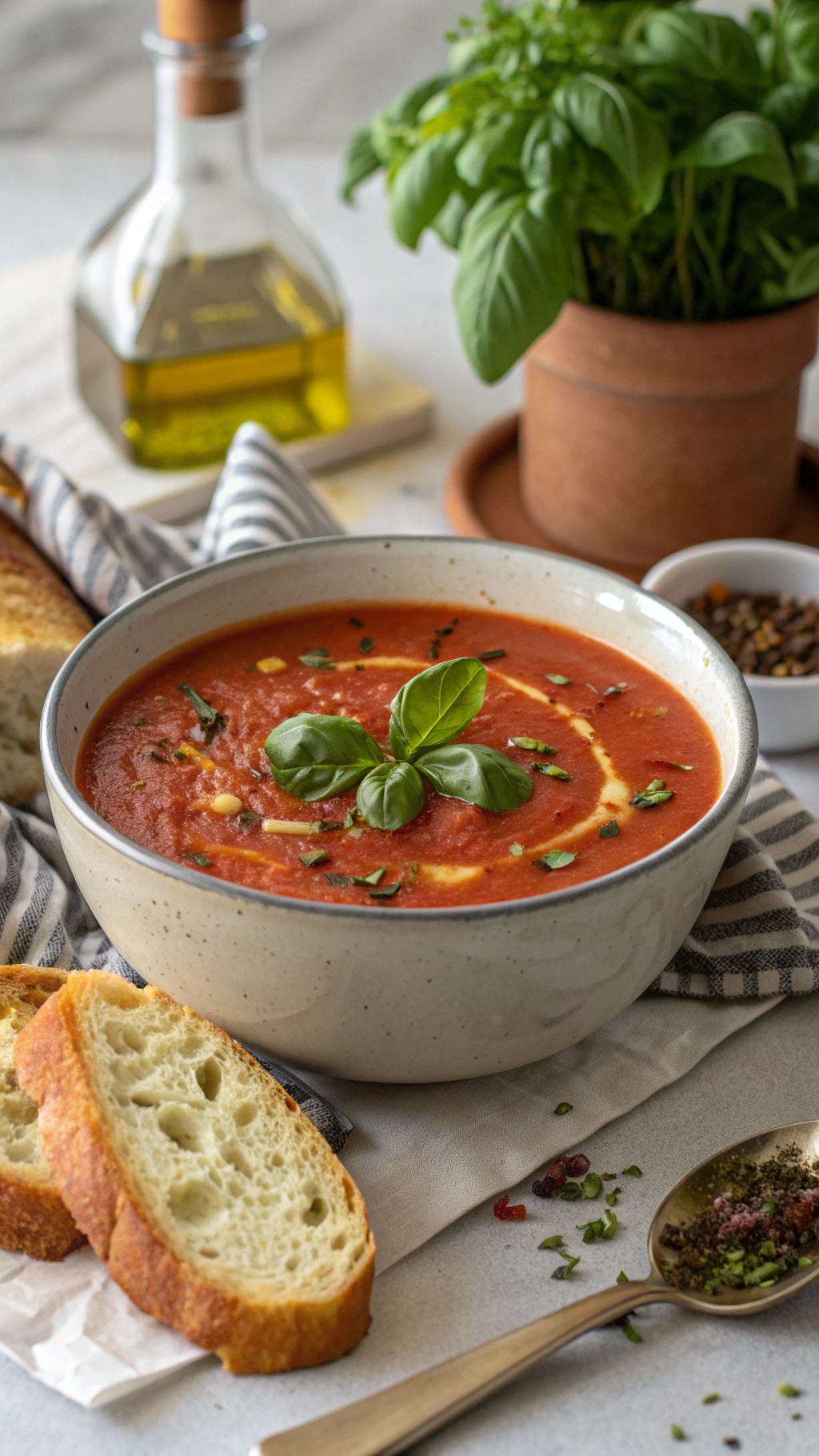 A bowl of spicy tomato basil soup garnished with basil leaves, served with slices of bread and olive oil in the background.