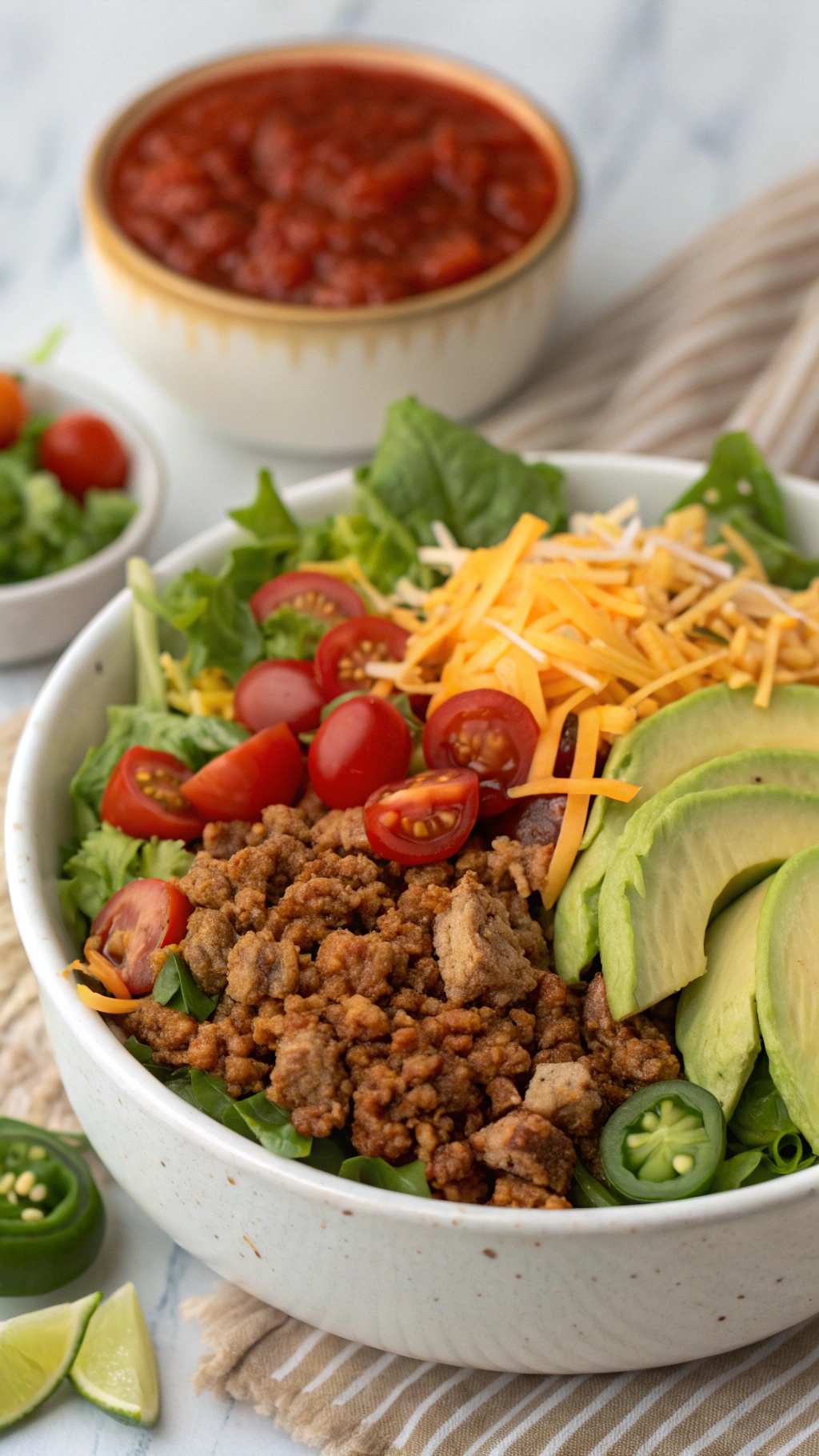 A hearty spicy turkey taco salad with fresh ingredients and salsa on the side.