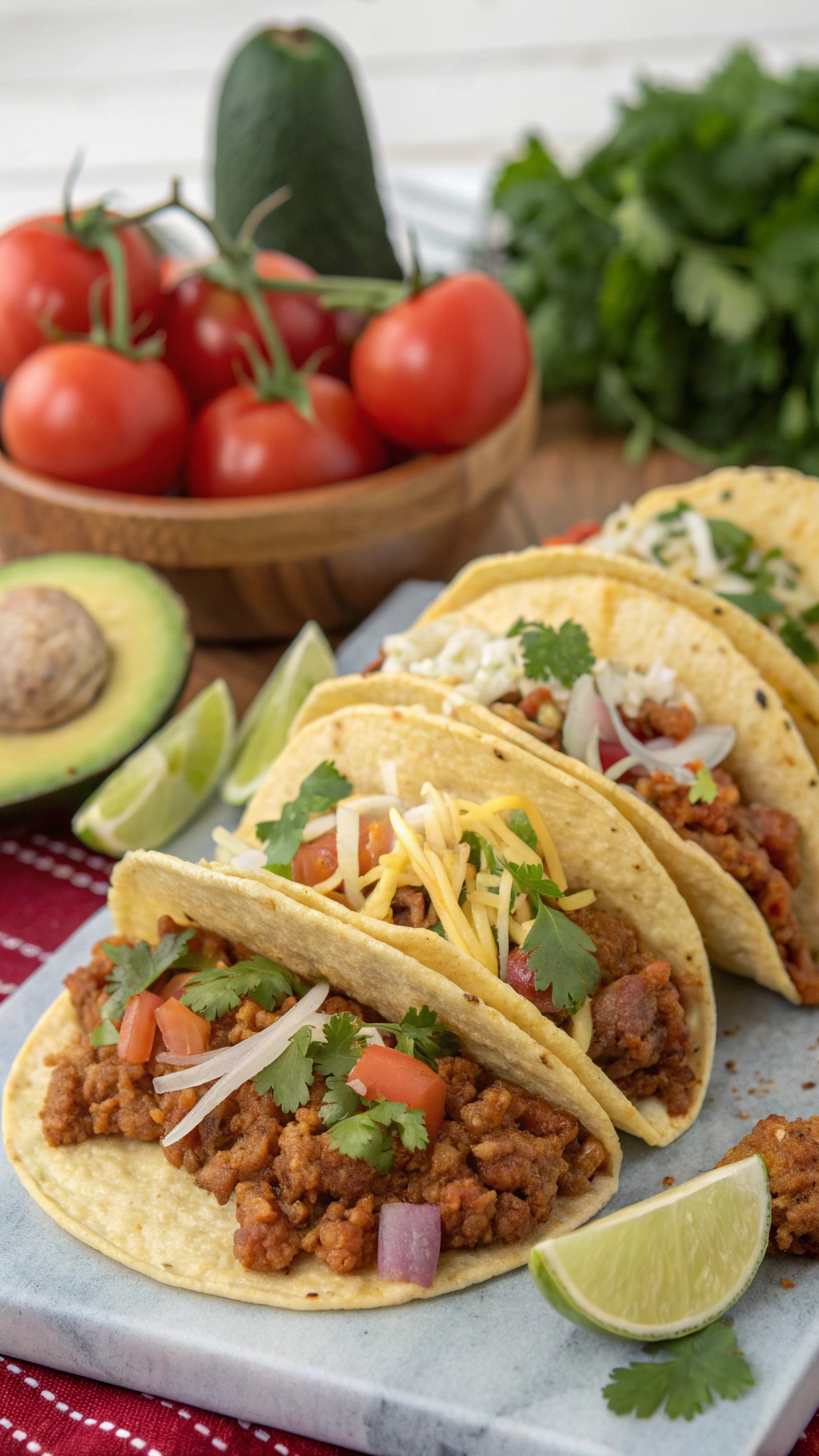 A plate of spicy turkey tacos with fresh toppings and ingredients.