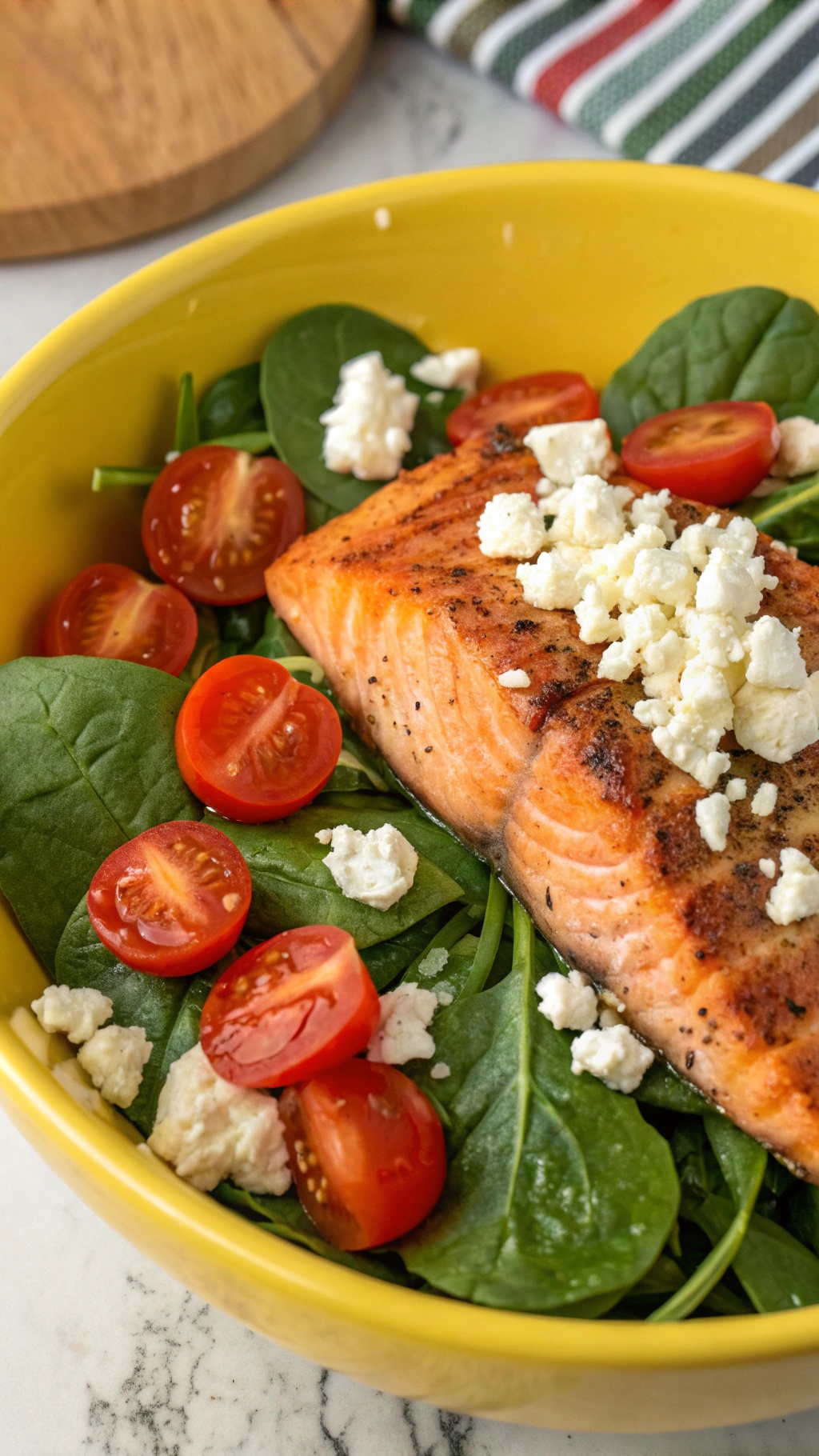 A colorful Spinach and Feta Salmon Bowl with cherry tomatoes and feta cheese on a bed of spinach.