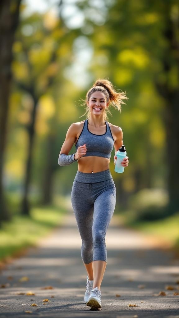 A woman jogging in a sporty athleisure set, wearing a gray sports bra and leggings, with a water bottle in hand.