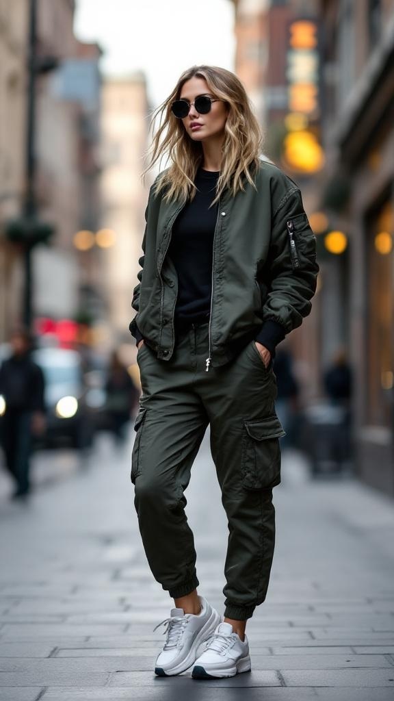 A woman in olive green cargo pants and a matching bomber jacket, wearing white sneakers and sunglasses, walking on a city street.