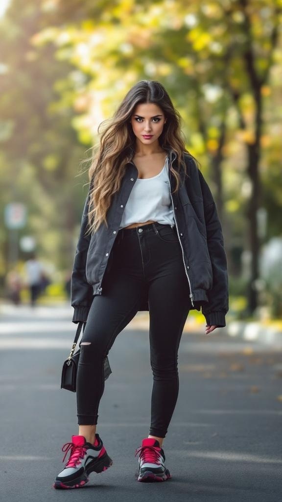 A person wearing black jeans and white sneakers, showcasing a sporty outfit.