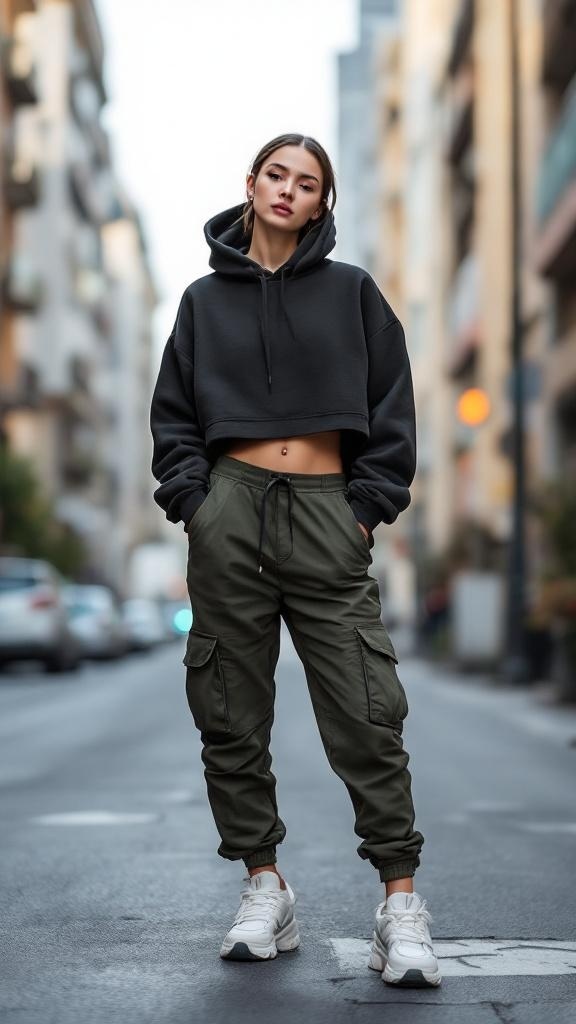 A model wearing a cropped black hoodie and olive green cargo pants, standing on a city street.