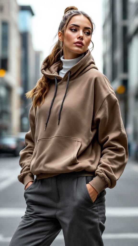 A man wearing a dark hoodie and tailored pants, standing on a city street.