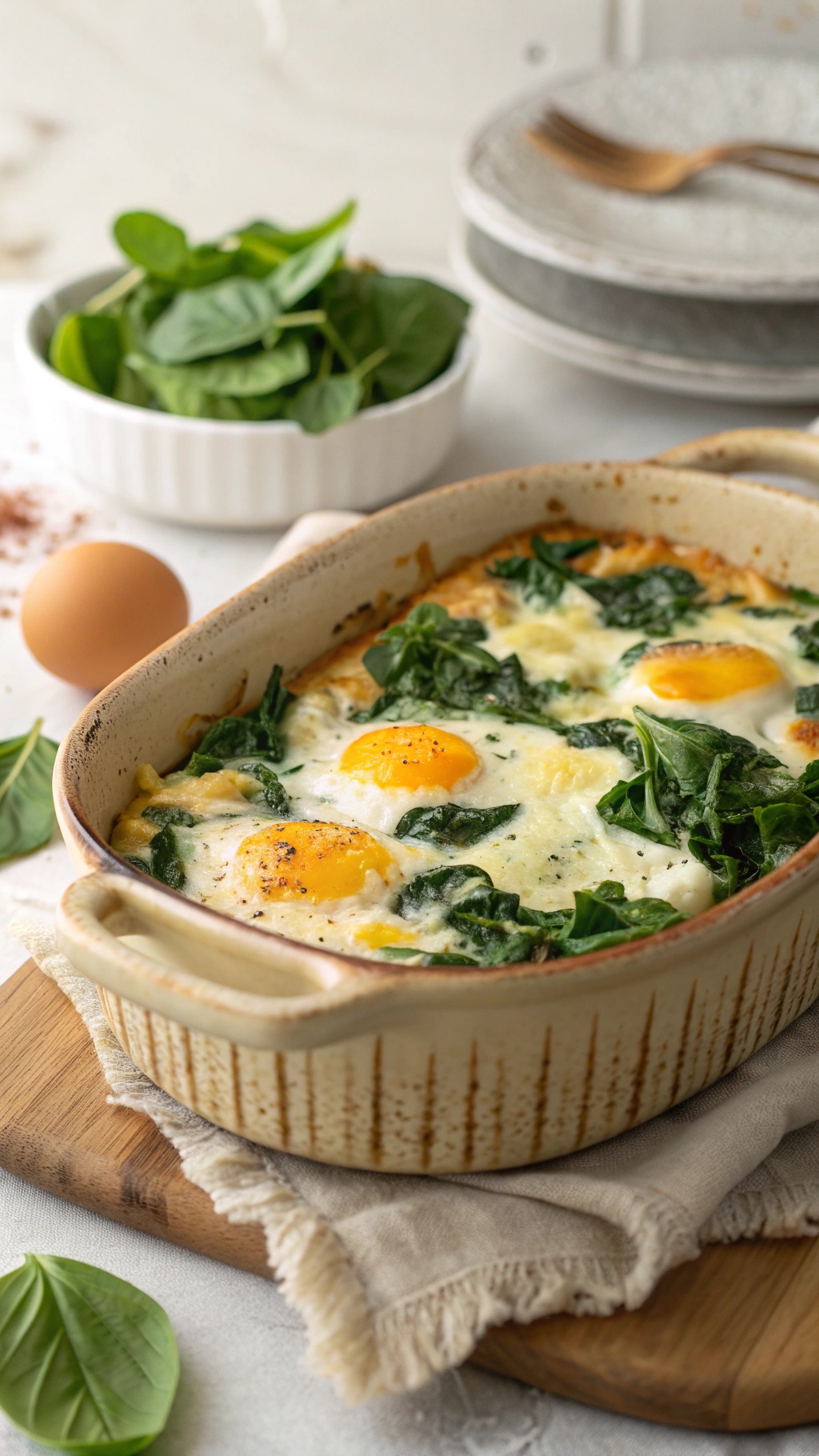 A baked spinach and cheese breakfast casserole with sunny-side-up eggs on top, surrounded by fresh spinach and an egg.