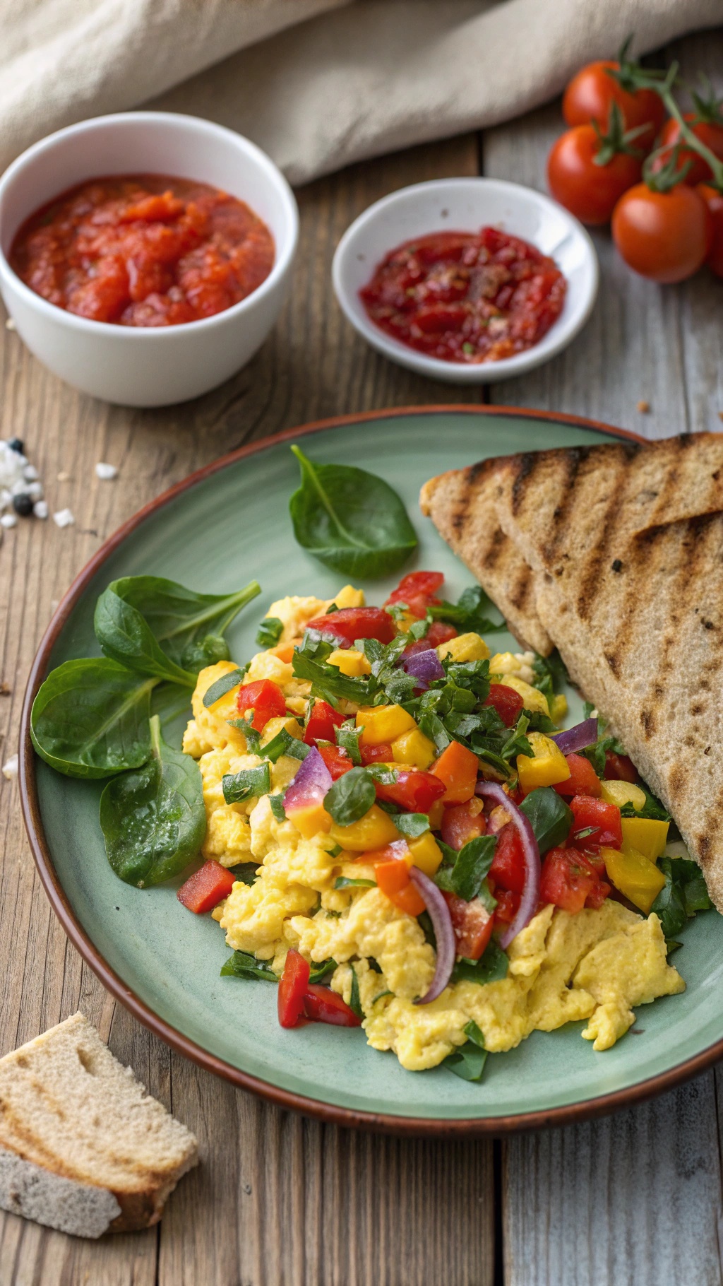 A colorful veggie egg scramble with toast and fresh tomatoes on the side.