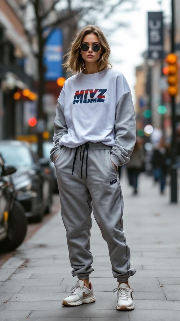 A model wearing gray sweatpants and an oversized sweatshirt, styled with sunglasses and sneakers, walking on a city street.