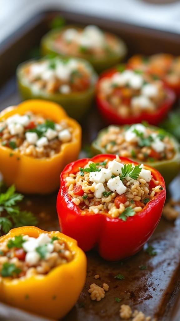 Colorful stuffed bell peppers filled with rice and feta cheese on a baking tray.
