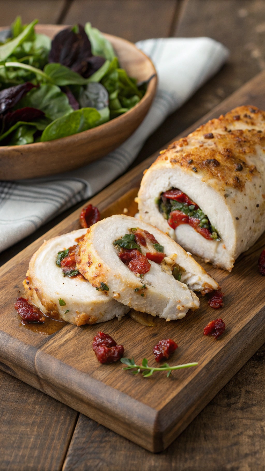 Stuffed chicken breasts with sun-dried tomatoes and spinach, served on a wooden board with a side salad.