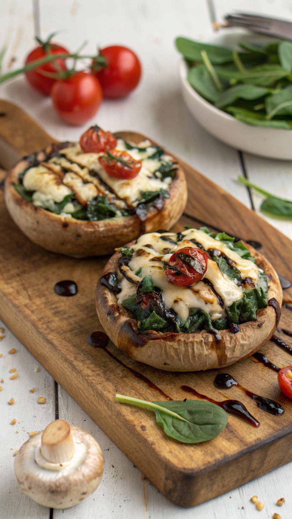 Stuffed portobello mushrooms topped with cheese and cherry tomatoes on a wooden board