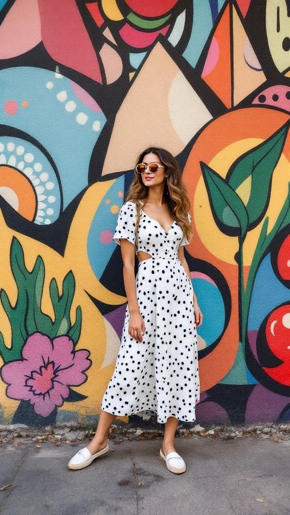 A woman in a black and white polka dot midi dress and espadrilles stands in front of a colorful mural.