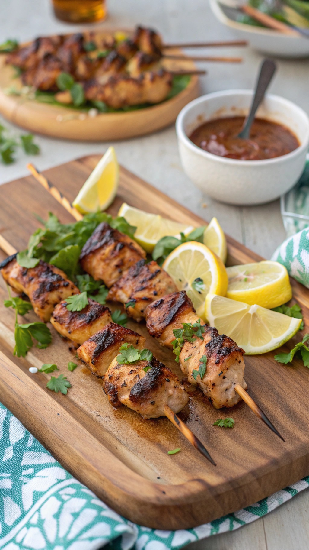 Grilled chicken skewers on a wooden platter with lemon wedges and cilantro.
