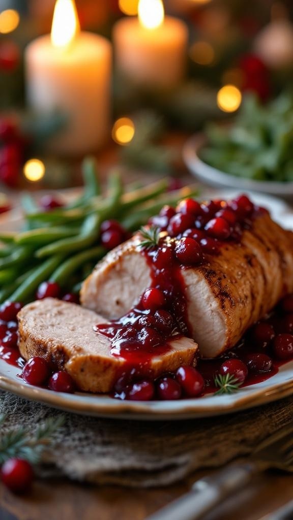 A beautifully plated pork tenderloin with cranberry sauce, surrounded by green beans and candles.