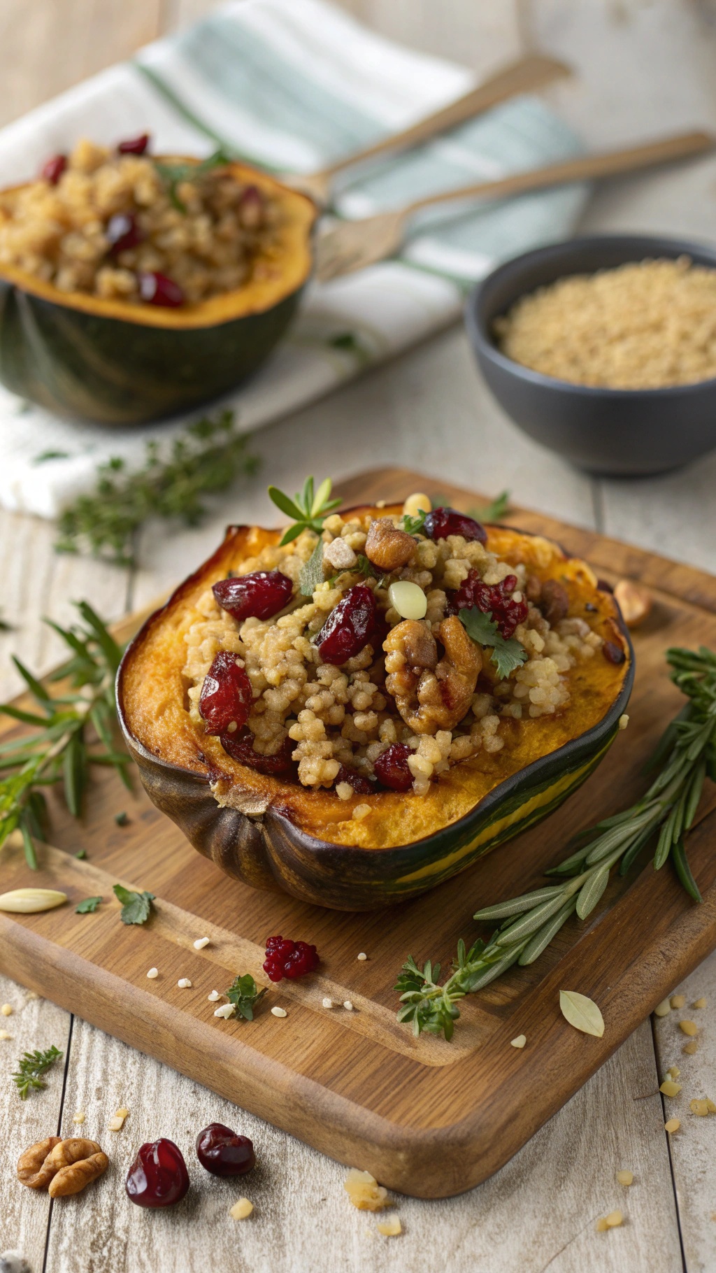 Stuffed acorn squash filled with quinoa, nuts, and cranberries on a wooden cutting board.