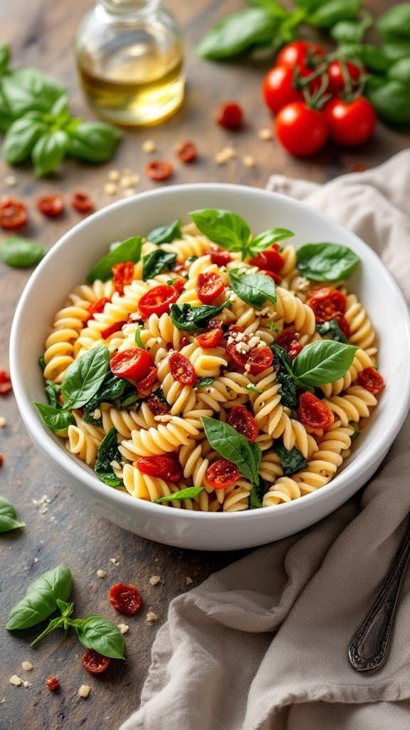 A bowl of sun-dried tomato and spinach pasta salad with fresh basil and cherry tomatoes.