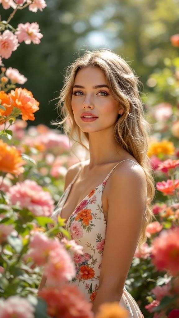 A woman in a floral dress surrounded by colorful flowers in a garden