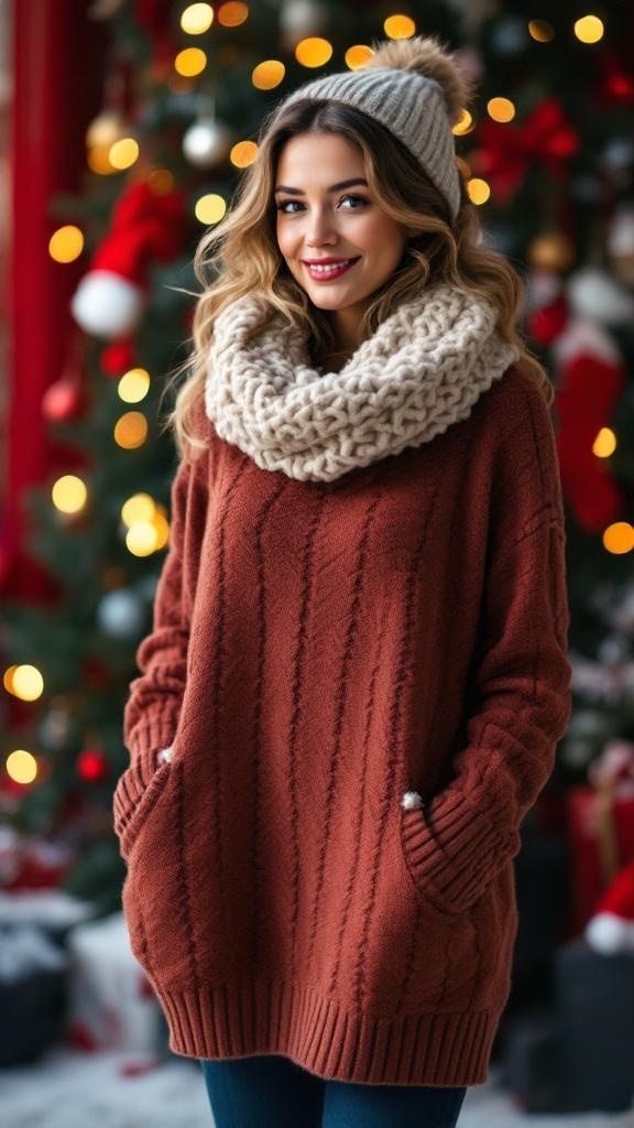 A woman wearing a cozy sweater dress with a chunky scarf, smiling in front of a festive background.