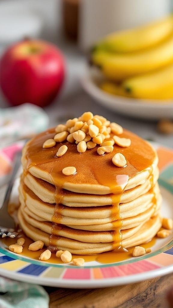 A stack of peanut butter pancakes topped with peanuts and syrup on a colorful plate.
