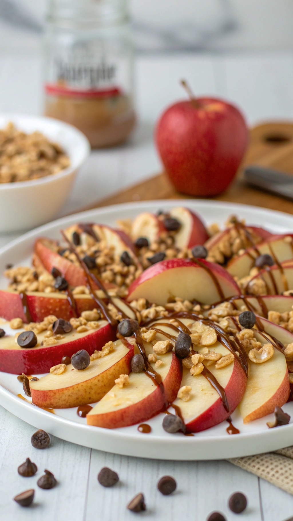 A plate of apple nachos topped with peanut butter, granola, chocolate chips, and caramel sauce.