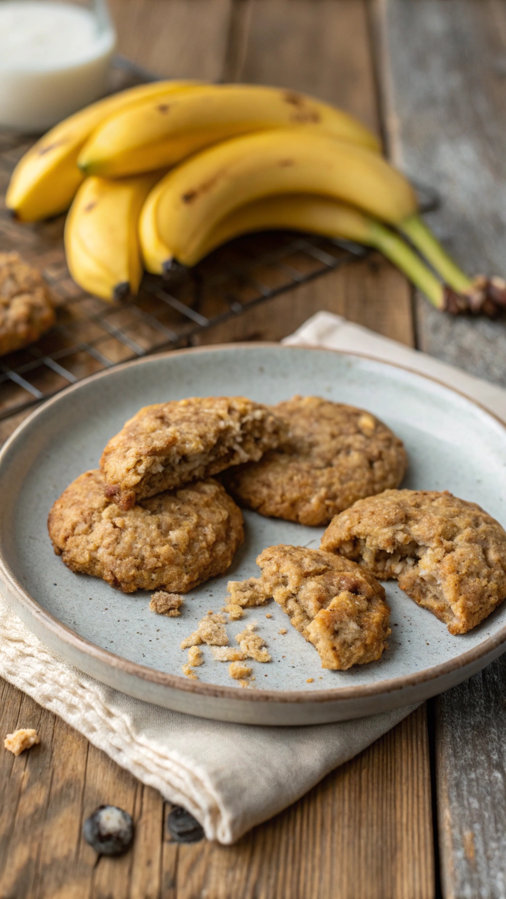 Plate of banana oatmeal cookies with bananas in the background