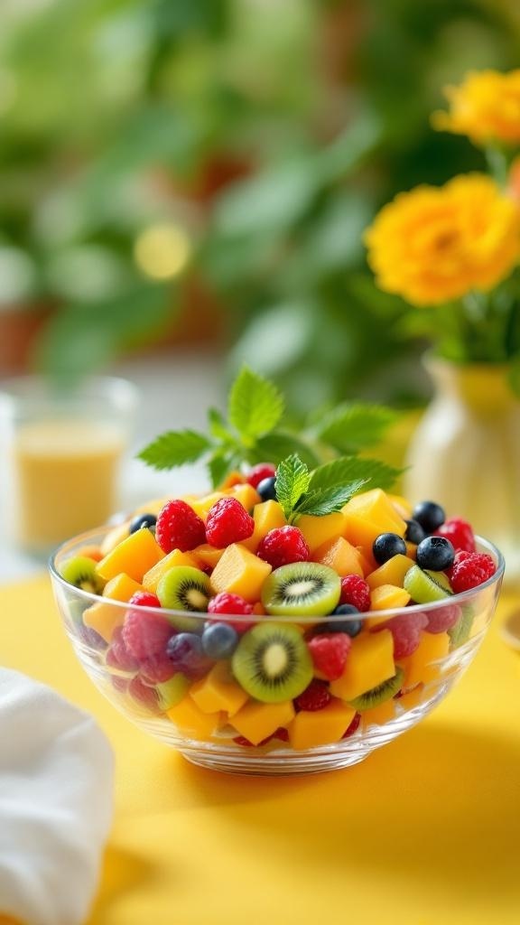 A colorful bowl of mixed fruits including mango, kiwi, raspberries, and blueberries, garnished with mint leaves.