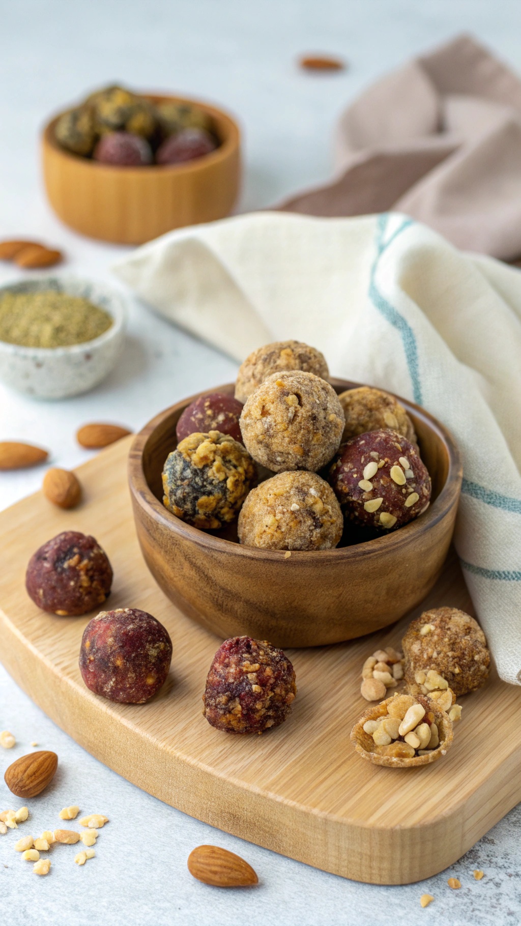 A wooden bowl filled with colorful energy bites made from dates and nuts, surrounded by almonds and a light cloth.